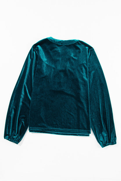 Velvet Lantern Sleeve Beaded V-Neck Blouse
