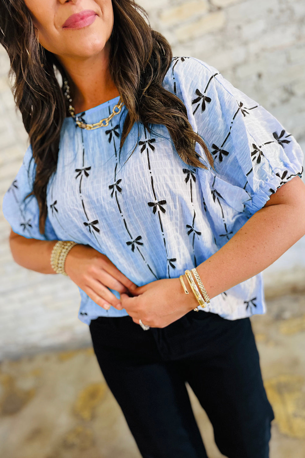 Bow Textured Short Puff Sleeve Top