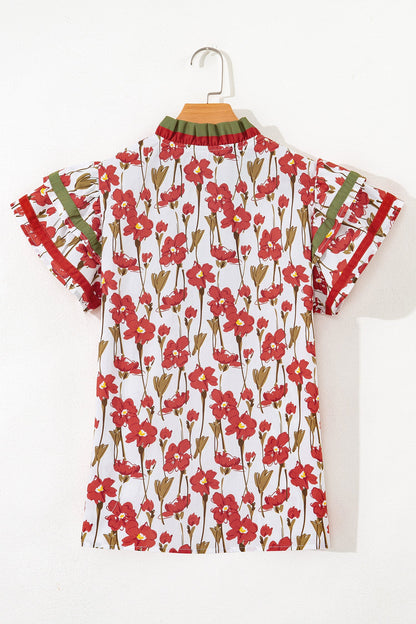 Contrast Trim V-Neck Ruffle Short Sleeve Blouse