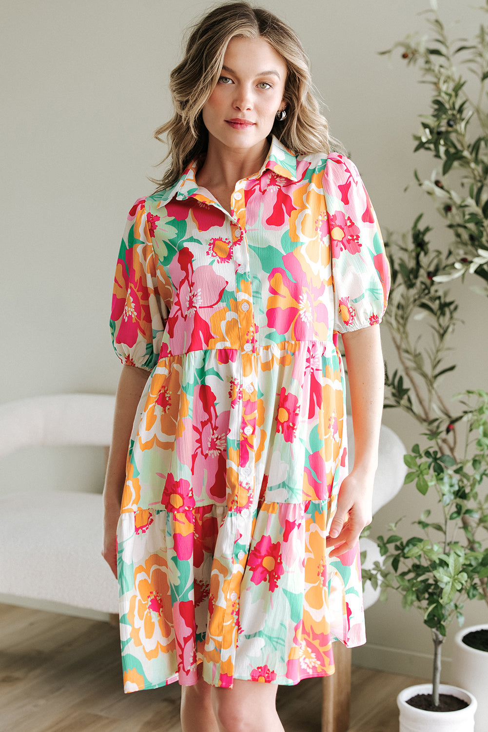 Floral Puff Sleeve Buttoned Collar Babydoll Dress