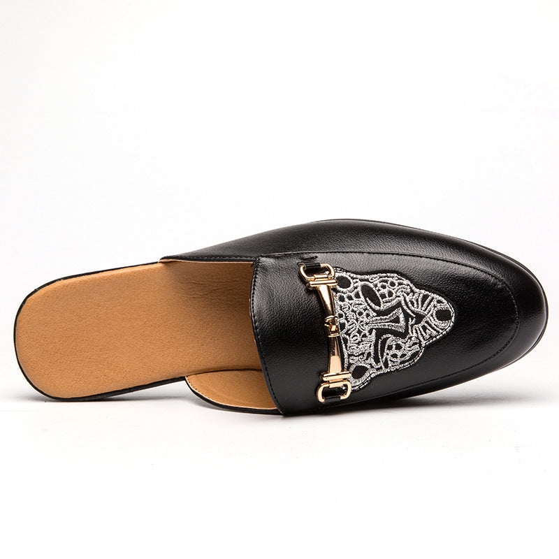 Men's Closed Toe Half Slippers: Bright Leather, Fashion Embroidery