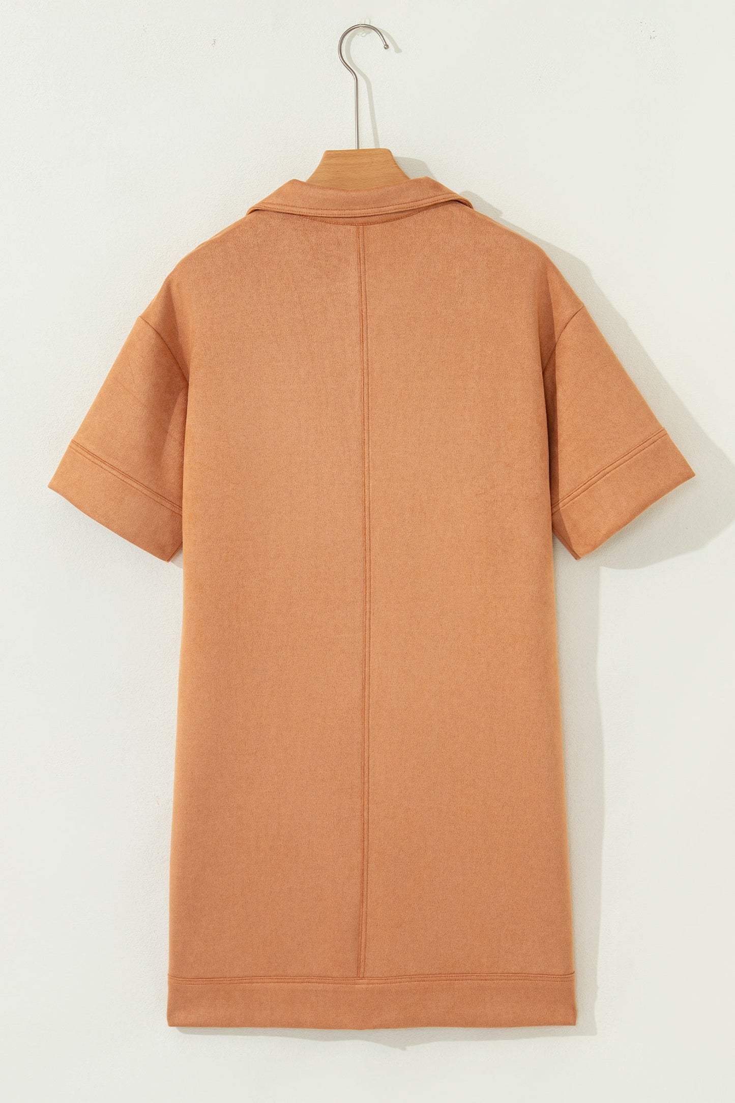 Collared V-Neck Faux Suede Short Sleeve Dress