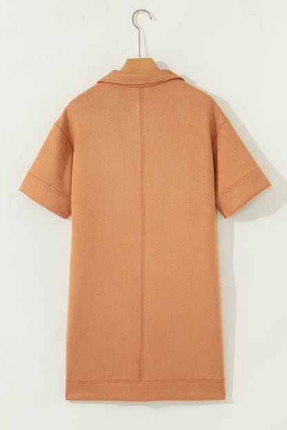 Collared V-Neck Faux Suede Short Sleeve Dress