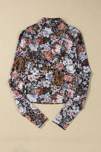 Floral Mesh Long Sleeve Mock Neck Top