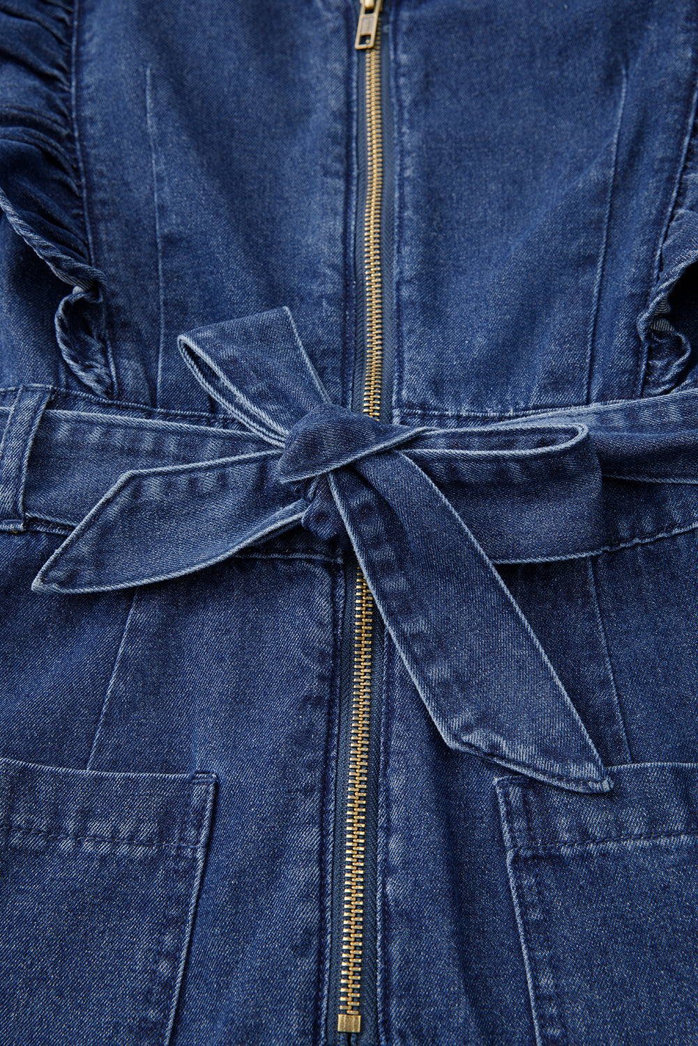 Denim Ruffle Zip Front Belted Romper