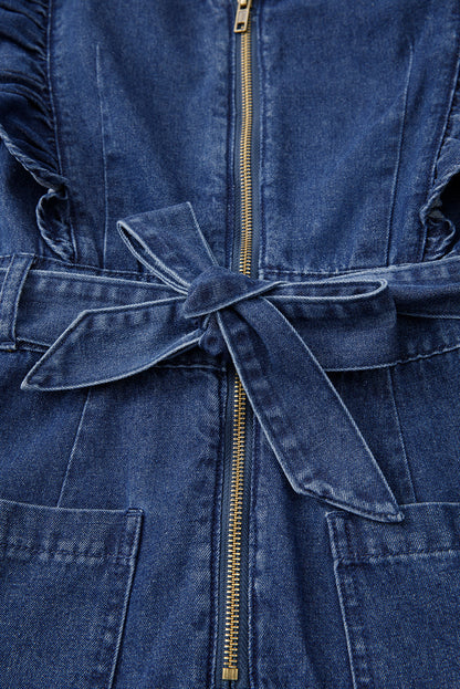 Denim Ruffle Zip Front Belted Romper