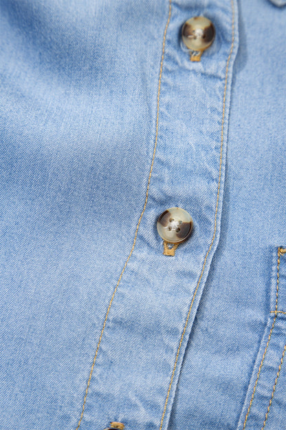 Half Sleeve Ruffle High-Low Chambray Shirt