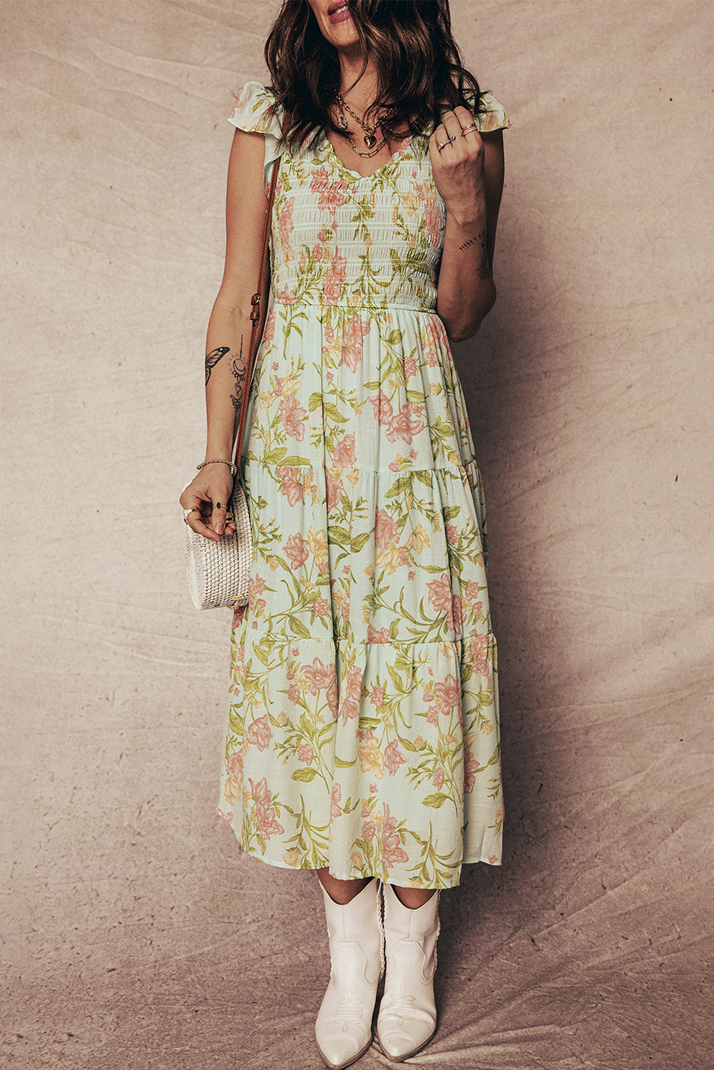Floral Smocked Bodice Ruffled Maxi Dress