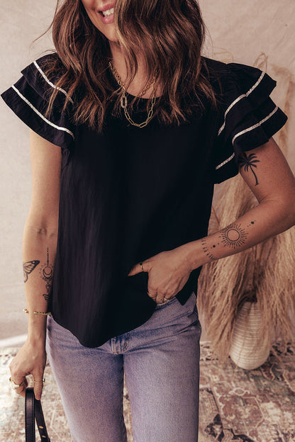 Contrast Trim Ruffle Short Sleeve Blouse