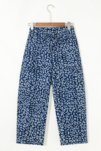 Leopard Drawstring Elastic Waist Pocketed Jeans