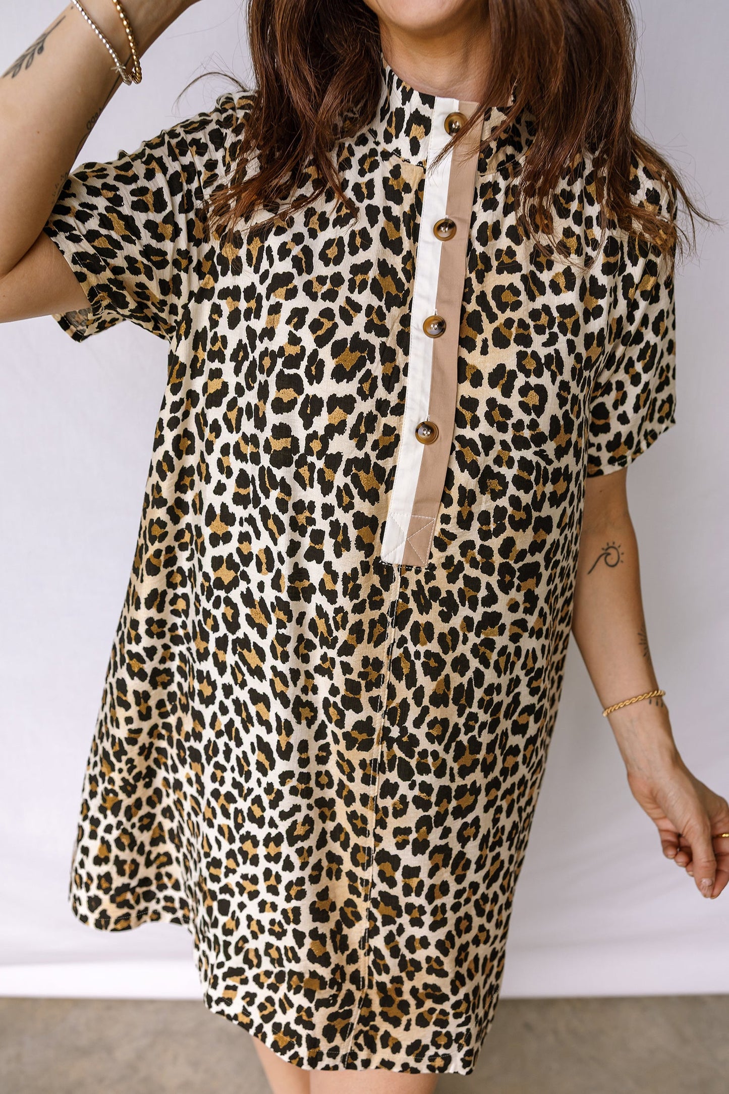 Leopard Half-Button Short Sleeve Loose Mini Dress