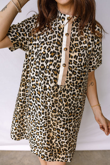 Leopard Half-Button Short Sleeve Loose Mini Dress