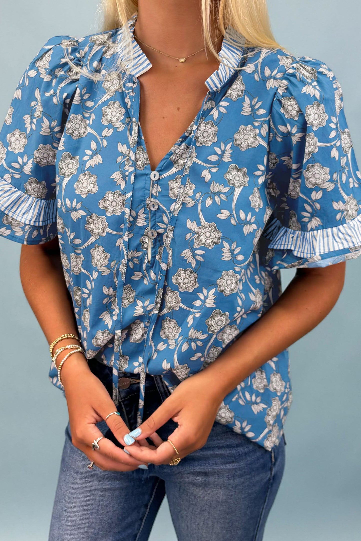 Floral Button Tie-Neck Stripe Short Sleeve Blouse