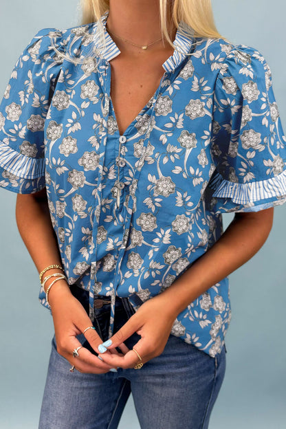 Floral Button Tie-Neck Stripe Short Sleeve Blouse
