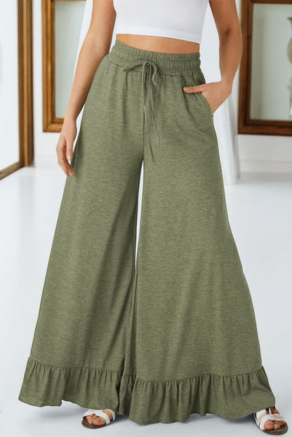 Solid Ruffle Wide Leg High Waist Pants
