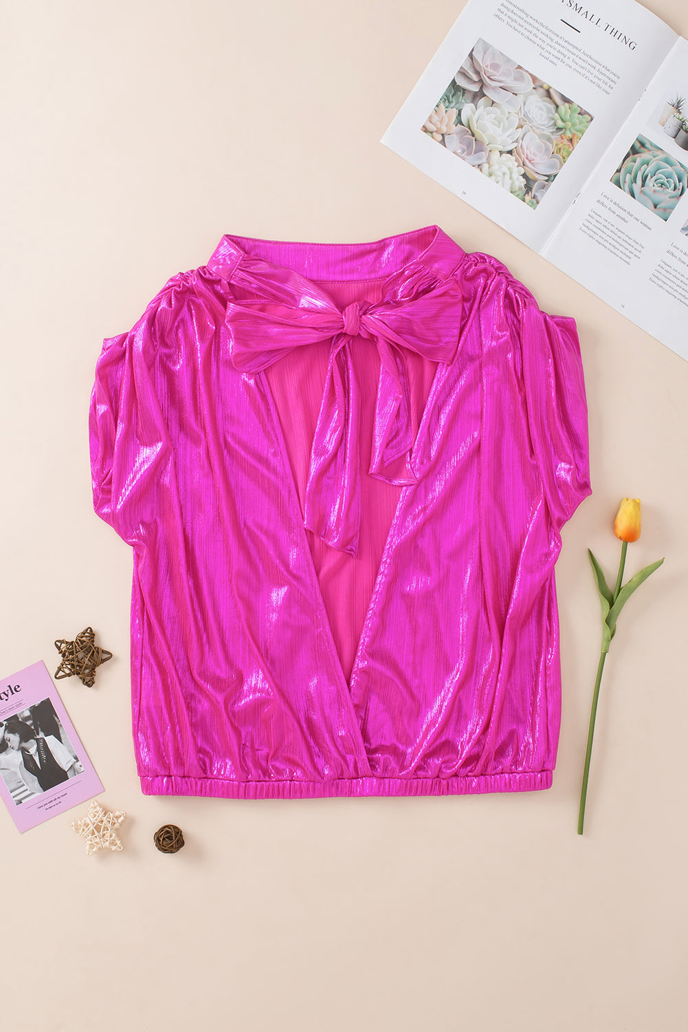 Ruched Sleeve Knotted Backless Blouse