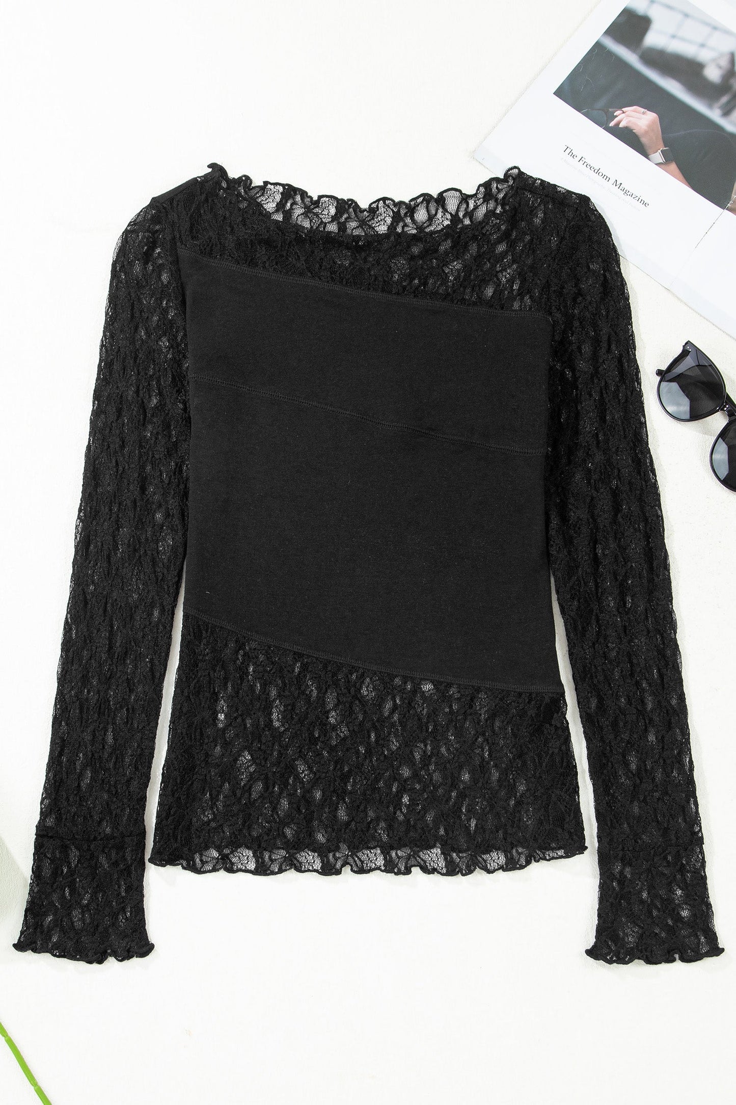 Floral Sheer Lace Patchwork Asymmetric Top