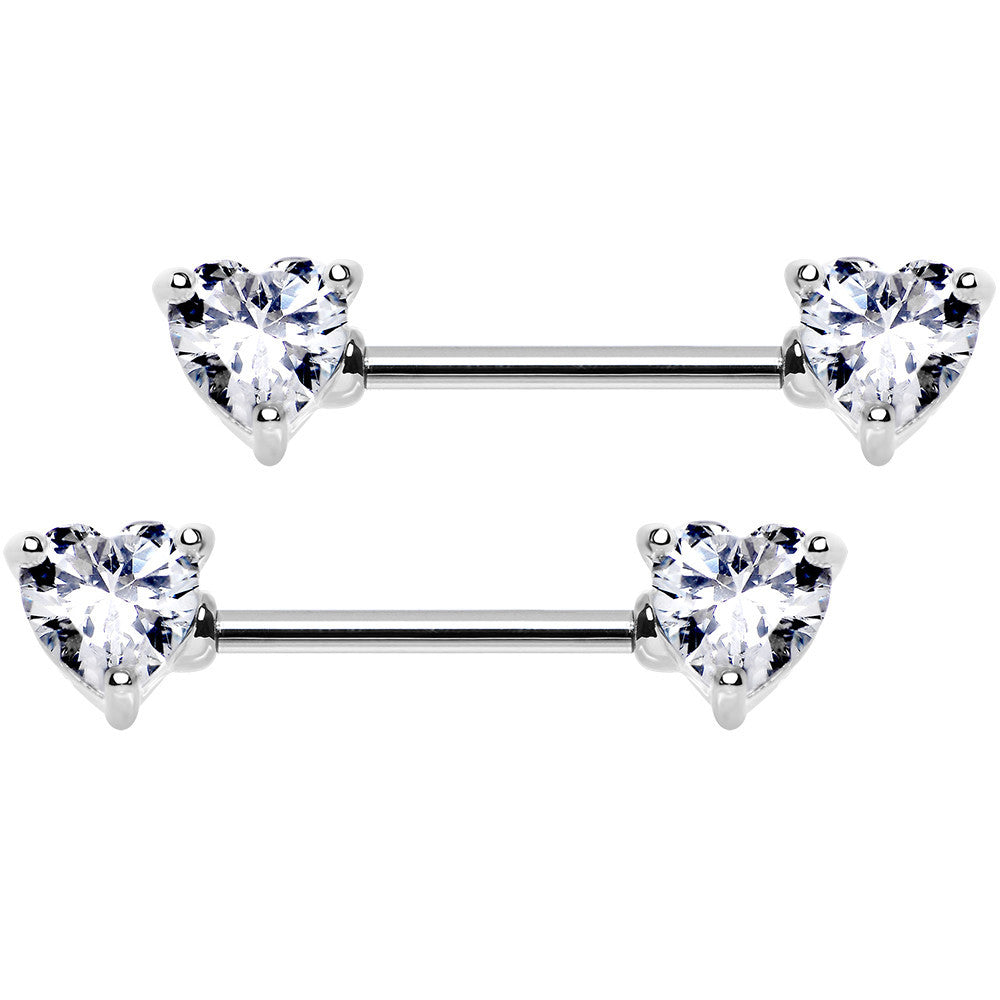 14G 9/16 Clear CZ Gem Heart Barbell Nipple Ring Set