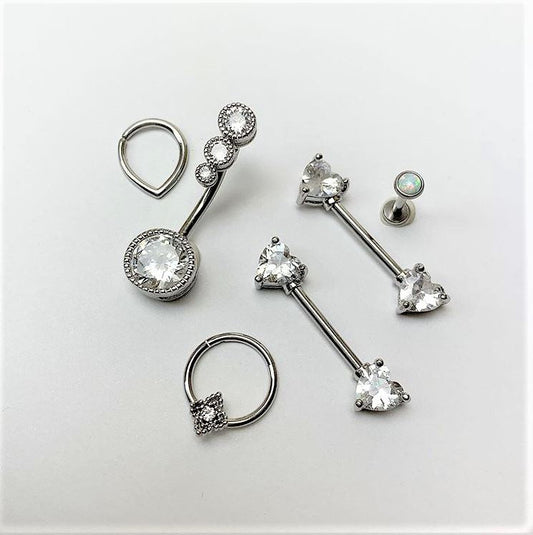 14G 9/16 Clear CZ Gem Heart Barbell Nipple Ring Set