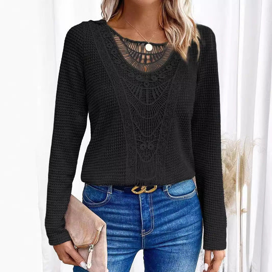 Lace Patchwork Round Neck Women's Long-sleeved T-shirt