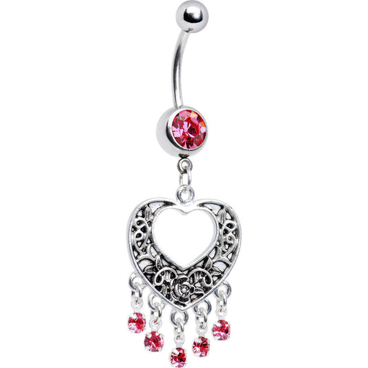 Pink Gem Hollow Heart Chandelier Belly Ring