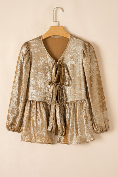 Bow Tie Front Puff Sleeve Ruffle Hem Blouse