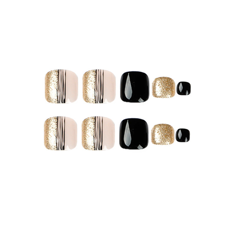 Fashion Black Line Gold Powder Manicure Nails