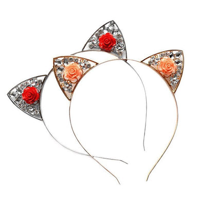 Alloy Diamond Rose Cat Ears Headband