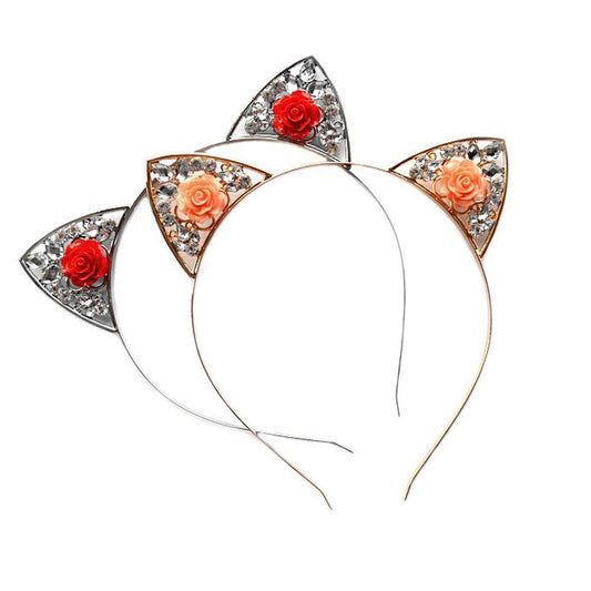 Alloy Diamond Rose Cat Ears Headband