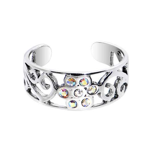 Sterling Silver 925 Aurora CZ Scroll Flower Toe Ring