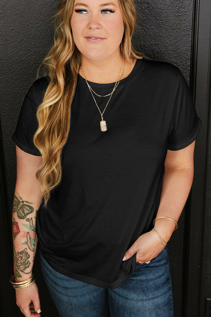 Plus Size Round Neck Roll Sleeve T-shirt