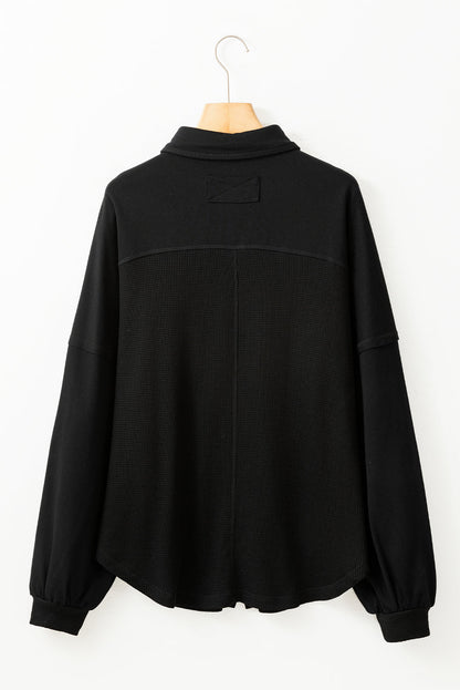 Waffle Knit Patchwork Reverse Seam Button-Up Shacket
