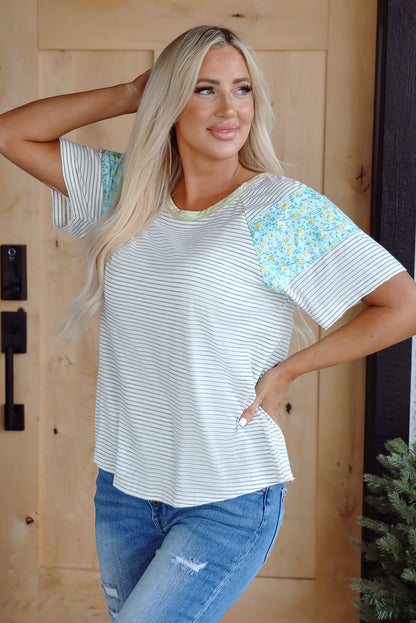 Floral Contrast Stripe Insert Sleeve Round Neck Tee