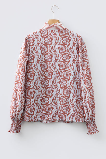 Floral Stripe Frilled Trim Long Sleeve Shirt