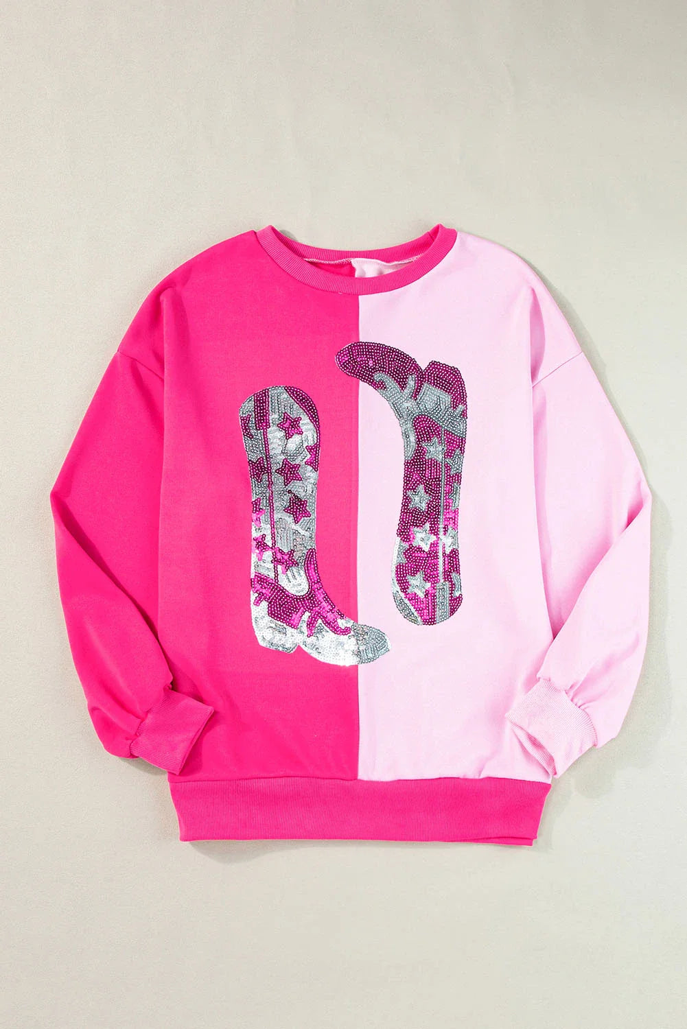 Western Sequin Cowgirl Boots Colorblock Sweatshirt