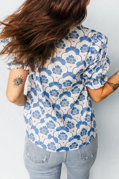 V-Neck Floral Flounced Short Sleeve Blouse