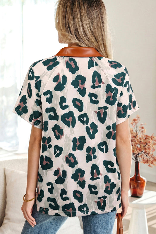 Leopard Button Contrast Collar Short Sleeve Blouse