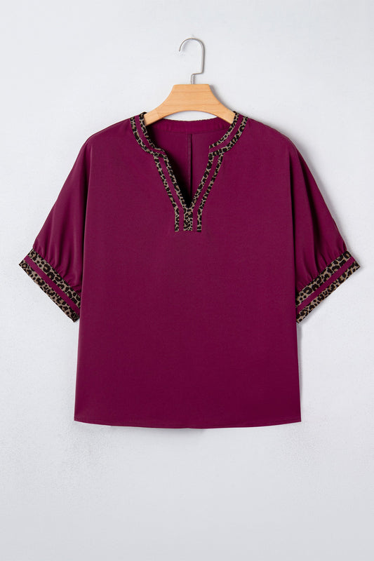 Leopard Contrast Trim V-Neck Short Sleeve Blouse