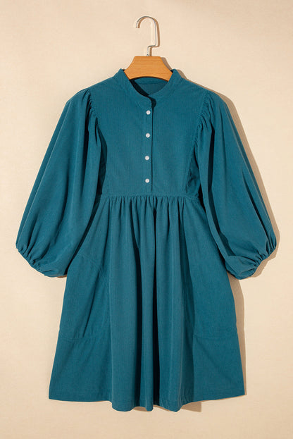 Solid Corduroy 3/4 Sleeve Snap Button Dress
