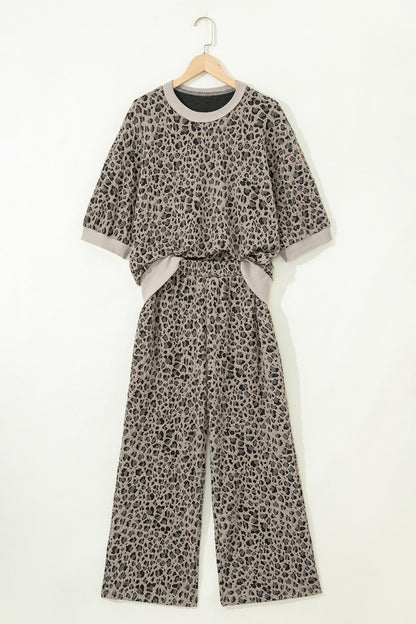 Leopard Jacquard Half Sleeve & Jumper Wide Leg Pants