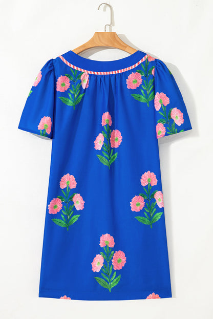 Floral Short Sleeve Split Neck Mini Dress