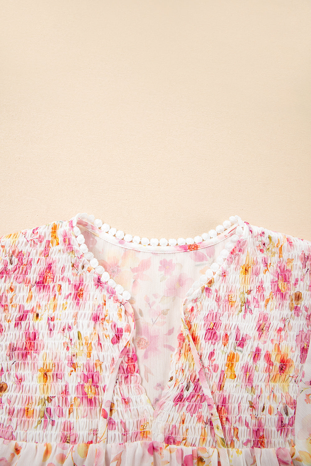 Floral Tassel Tie V-Neck Puff Sleeve Tunic Blouse