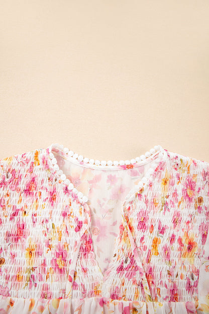 Floral Tassel Tie V-Neck Puff Sleeve Tunic Blouse