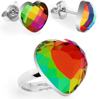 Rainbow Heart Adjustable Ring and Stud Earring Set