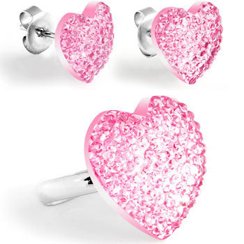 Pink Sparkler Heart Adjustable Ring and Stud Earring Set