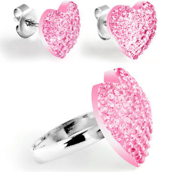 Pink Sparkler Heart Adjustable Ring and Stud Earring Set