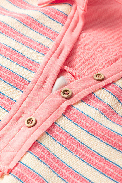 Stripe Buttoned Collared V-Neck Drop Shoulder Top