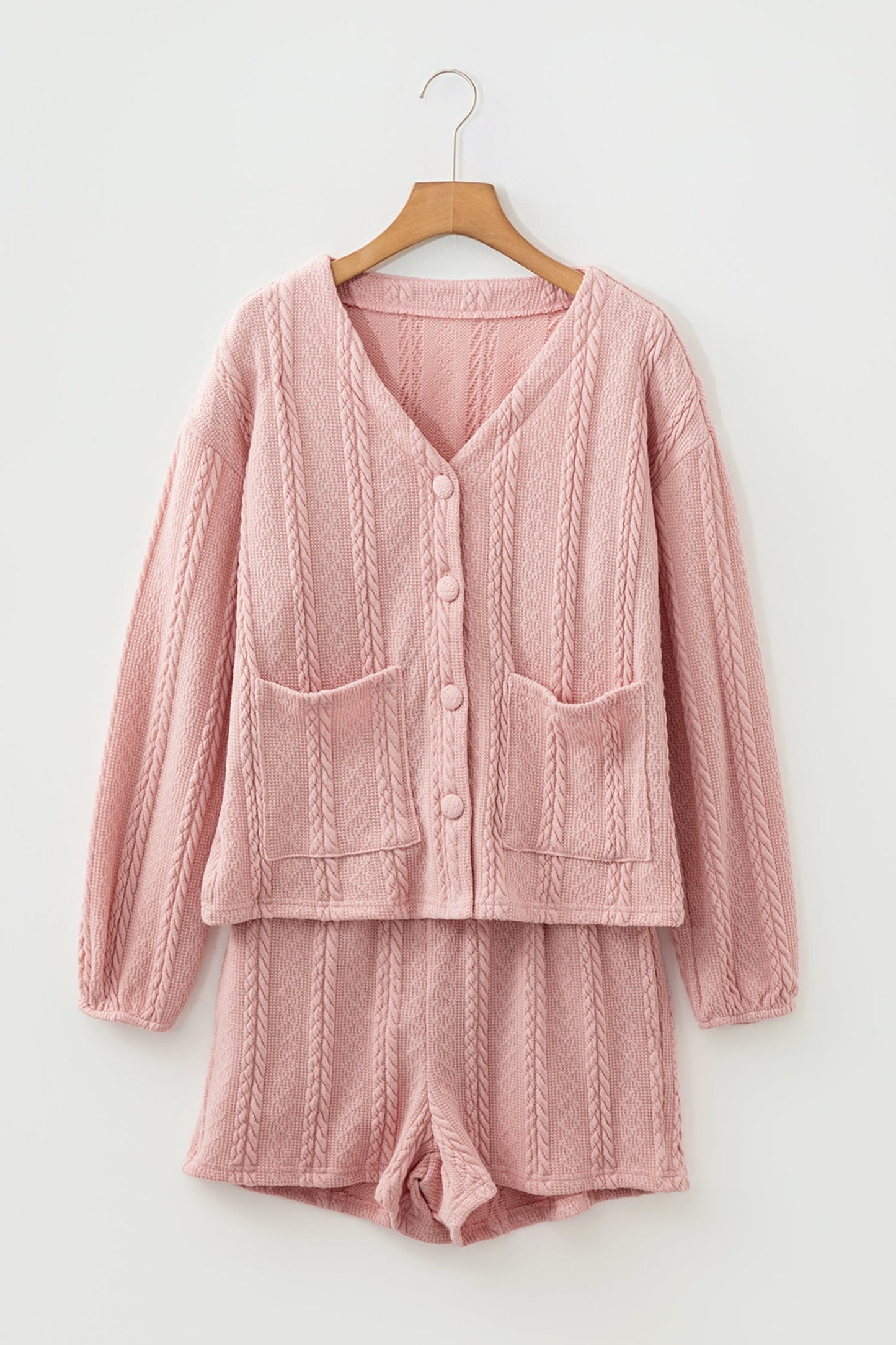 V-Neck Cable Knit Cardigan and Shorts Set