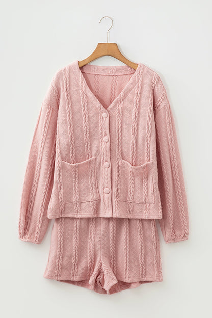 V-Neck Cable Knit Cardigan and Shorts Set