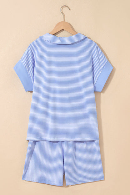 Stripe Dolman Polo Shirt & Drawstring Shorts Set